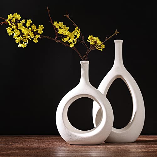 Off White Ceramic Hollow Elliptical Vase Set of 2 - Boho Circle Vase with Hole, for Modern Off White Table Decor, Living Room Decor Shelf mid Century Modern Home Entrance Decorative vase - color: Vintage White