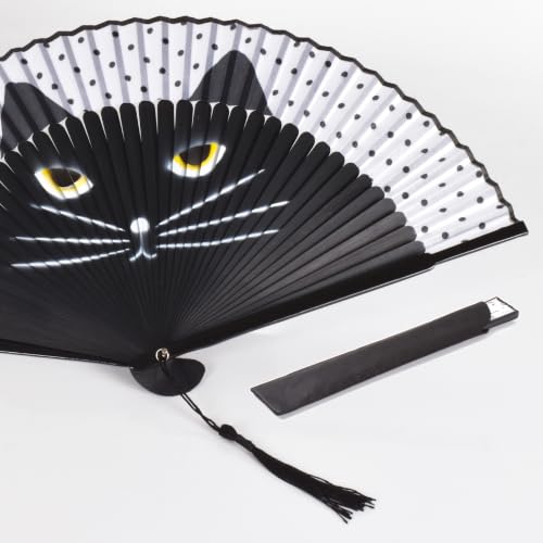 8.27" Hand Held Bamboo Silk Folding Fan, Foldable Small Hand Fan,Chinese/Japanese Charming Elegant Vintage Retro Style,Women Ladys Girls Best Gifts (Black cat) - color: Black cat