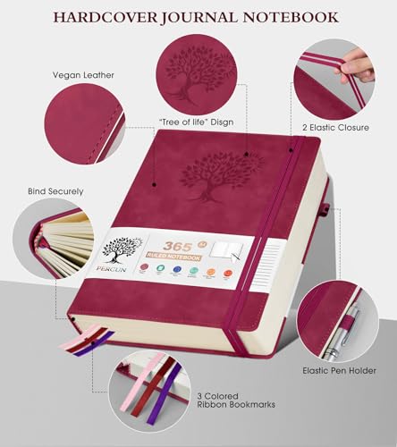 PERCUN A4 Lined Journal Notebook，365 Page Large Leather Journals for Writing Women Men，Hardcover Notebook with 100Gsm Thick Pages for Travel，Work，School，College Ruled, Daily Diary (8.5" x 11.4") - color: Wine red, size: A4