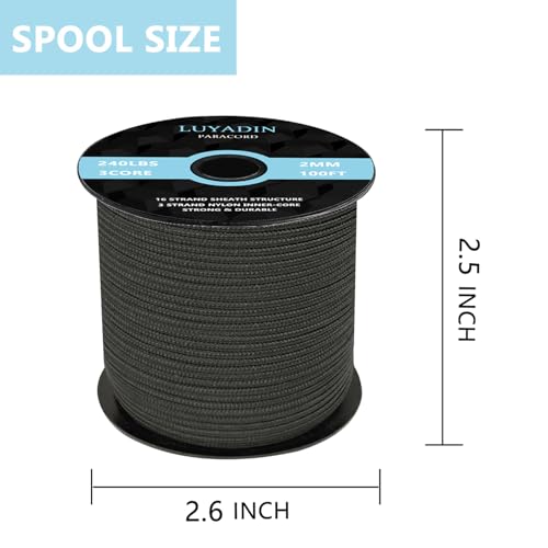 Paracord 240lb - Diameter 2mm Micro Utility Cord -3 Strand Parachute Spool Cord - 100ft 200ft,Paracord for Camping,Hiking,Fishing,Outdoor and DIY - color: Black, size: 100 ft