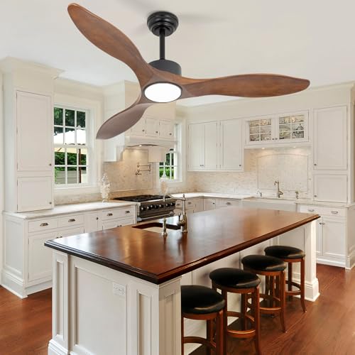 52 Inch Brown Wood Ceiling Fan with Light and Remote - color: Brown wood ceiling fan - pointed