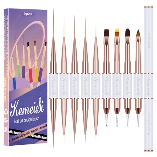 KEMEISI Nail Art Brush Set, 9PCS Double-Ended Acrylic Liner Brush Dotting Pen for Gel Polish, Nail Design Tools for Professional Manicure DIY Home Salon - color: White