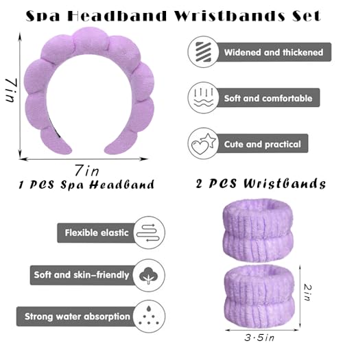 Spa Headbands for Washing Face Wristband Set Sponge Makeup Skincare Headband Wrist Towels Bubble Soft Terry Towel Cloth Hairband for Women Puffy Headwear Non Slip Thick Thin Hair Headwear (Purple) - color: Purple