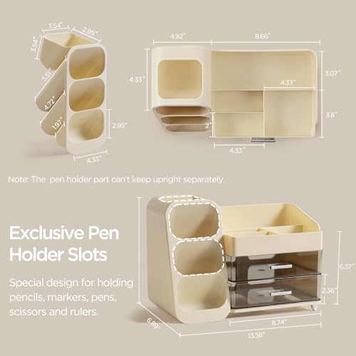 HBlife Desk Organizer with Pen Pencil Holder for Desk, Pen Organizer with 2 Drawers, Desk Organizers and Accessories with 4 Compartments, Desktop Storage for Office Home School Art Supplies, Beige - color: Beige