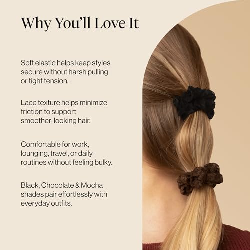Kitsch Ruched Lace Scrunchies For Women - Black, Chocolate & Mocha, 5pc Set - color: Chocolate & Mocha