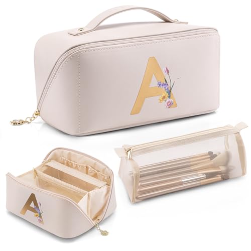 VLANDO Initial Makeup Bag with Separate Brush Pocket,Letter A,Off White - color: 14.White-A