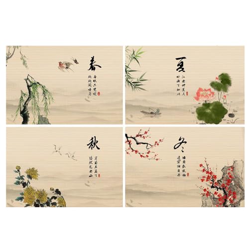 Bamboo Placemats Set of 4, Asian Style Table Mats Ancient Chinese Paintings Zen Floral Place Mats for Indoor Outdoor Kitchen Dining Table (Four Seasons, Set of 4) - color: Four Seasons