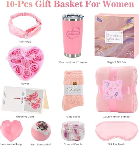 Gifts for Women,Spa Gift Sets,Birthday Gift Baskets,Blanket,Candle,Mugs