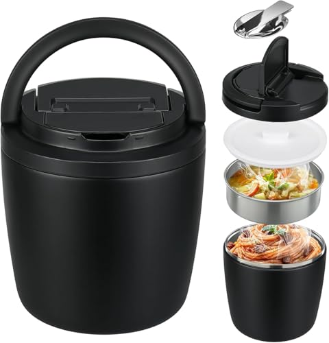 MAXSO Lunch Container 40 oz for Adults Stainless Steel Vacuum Insulated Food Jar, Soup Thermo for Hot Food Thermal Bento Box, Wide Mouth Leakproof Buckle Lid with Spoon - Black - color: Black