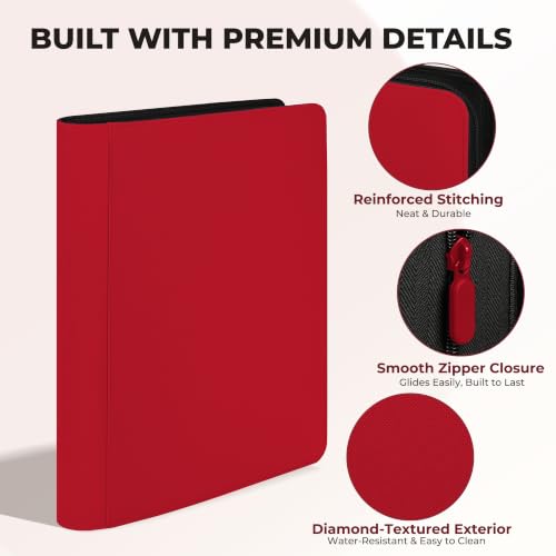 16 Pocket Zip Card Binder, 1024 Pockets Trading Card Binder with Side Loading Pockets, Water-Resistant Diamond-Textured Cover, Large 16 Slot Card Binder for TCG & Sports Cards - color: Red, size: 16-Pocket