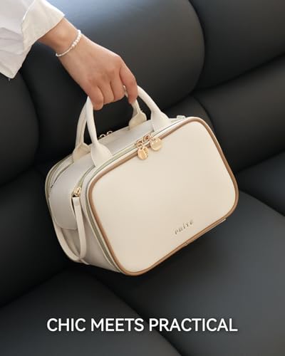 Prite Large Makeup Bag, Waterproof Travel Cosmetic Case with Brush Holder - color: Beige, size: Large