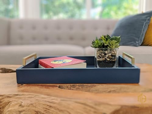 Decorative Coffee Table Tray - Ottoman Tray - Breakfast, Drinks, Liquor Serving Platter - from Farmhouse to Modern - Matte Finish - Champagne Gold Handles - Twilight-Blue - color: Twilight-blue
