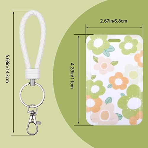 ID Card Badge Holder Key Chain with Metal Keyring, Plastic Slide Open with ID Window for Women Men Girls Students,Flowers - color: Green Orange Flower