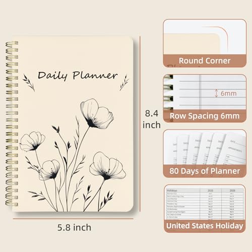 Undated Daily Planner - Spiral Notebook 80 Days One Day Per Page, Hourly Schedule, To-Do List, Notes, Everyday Planning Task, A5 Hardcover Journal Organizer Book Women Cute, White Flower - color: Line Flower