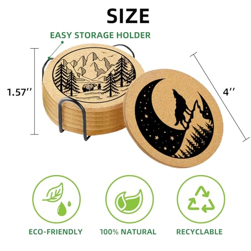 Coasters for Drinks with Holder Set of 6, Mountain Cork Coaster Absorbent Wood for Cup Desk Office Table Kitchen Decor House Warming Gifts for New Home Couples, Round 4" - color: Mountain