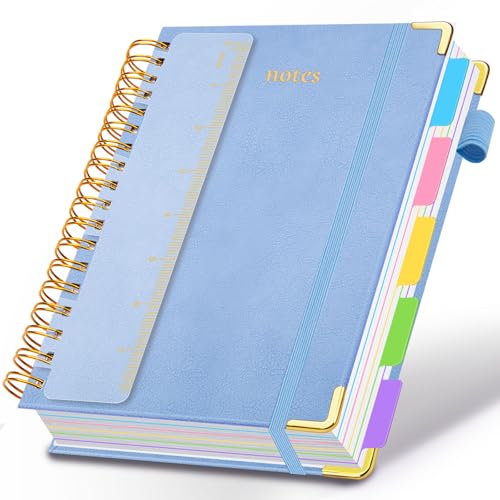 Hardcover Spiral Notebook 6.2"x 8.2" Journal Notebook with Tabs and Removable Dividers 300 Pages 5 Subject Notebook College Ruled, Faux Leather Spiral Bound Notebook for Women School Work(Lake Blue) - color: Lake Blue, size: 6.2"x8.2"(A5)