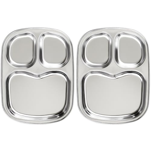 Korean Stainless Steel Divided Plates for Toddlers, Kids, Babies, Premium 304, Electro-Polished, No Black Residue, BPA-Free, 3-Compartment Plate, Food Tray for Camping, Balanced Meals, Set of 2 - size: 3 Compartments