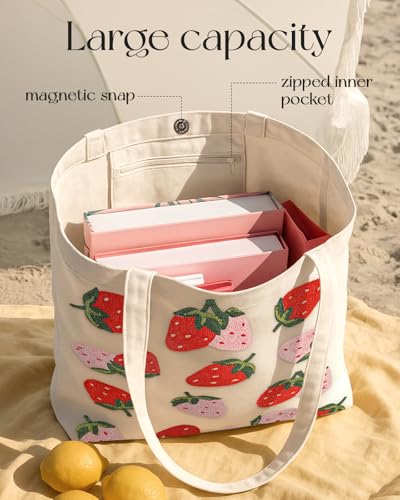 Miss Adola Embroidery Canvas Tote Bag with Pocket & Buckle - color: Strawberry