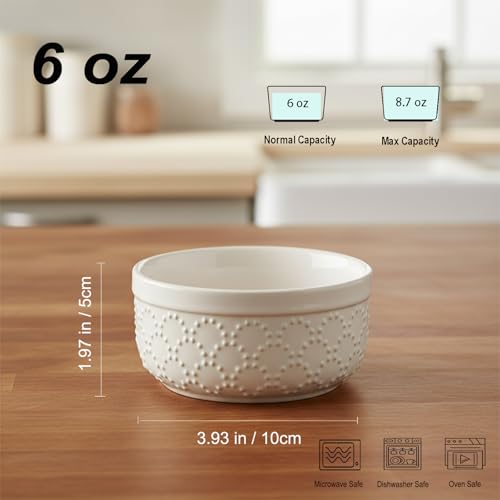 Ramekins 6 oz, Set of 6 Small Ceramic Bowls with 3 Embossed Patterns - size: 6 oz