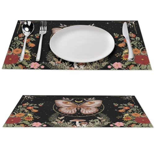 Boho Moth Placemats Set of 4, 12x18 Inch Witchy Moon Phase Tarot Gothic Wild Flower Watercolor Seasonal Bohemia Mystical Holiday Farmhouse Coffee Table Mats for Party Kitchen Dining Decoration - color: Pm-floral Moon06, size: 4pcs