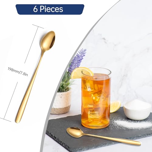 Long Handle Iced Tea Spoon,7.8-Inch Gold Coffee Spoon,Ice Cream Spoon, Stainless Steel TeaSpoons,Cocktail Stirring Spoon,Set of 6 - color: B-Gold Set of 6