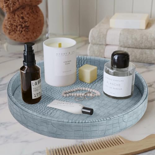 HofferRuffer Faux Leather Round Serving Tray, Vegan Croco Leather Decorative Tray, Food Tray for Storage Drinks, Snack & Cosmetics, Dia.12'' x 1.6'' (LightBlue) - color: Lightblue, size: 12"