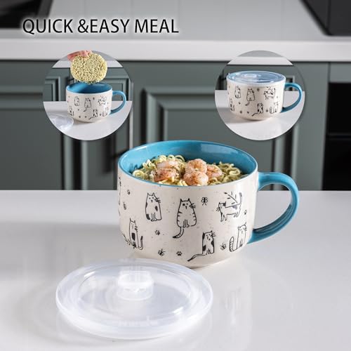 AmorArc 24 Ounces Ceramic Soup Mugs with Lids and Handle, Stoneware Bowls Cup Set of 2 for Soup, Stew, Noodle, Beautiful Mug Bowls With Lovely Dog,Cat Patterns, Microwave&Dishwasher Safe, Blue - color: Blue, size: 24oz