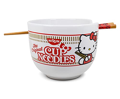Hello Kitty Cup Noodles Japanese Ceramic Dinnerware Set | Includes 20-Ounce Ramen Bowl and Wooden Chopsticks | Asian Food Dish Set For Home Kitchen | Kawaii Anime Gifts, Official Sanrio Collectible - color: Japanese