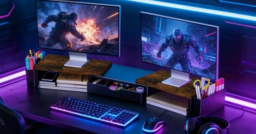 Spacrea Wood Dual Monitor Stand Riser with Drawer and 2 Pen Holders - color: Wood