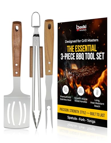 Professional Acacia Wood BBQ Tool Set (3 PCS) - Heavy Duty Stainless Steel Grill Accessories Kit with Spatula, Fork & Tongs - Durable Barbecue Utensils for Outdoor Cooking & Grilling - color: Acacia Brown