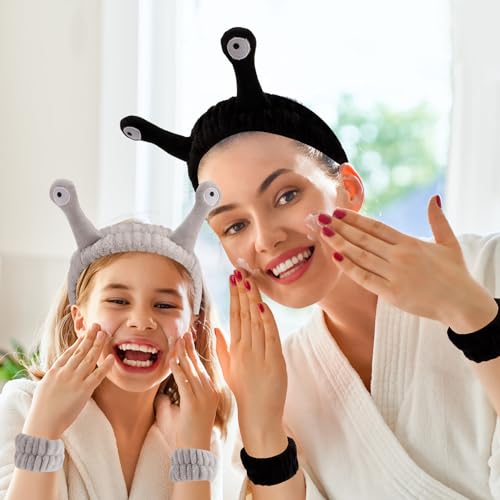 SuPoo 9 Pcs Skincare Headbands Set - Snail Spa Headband, Alien Headband, Face Wash Wristbands, Cute Makeup Hair Band for Washing Face and Shower - color: 9pcs-black grey khaki