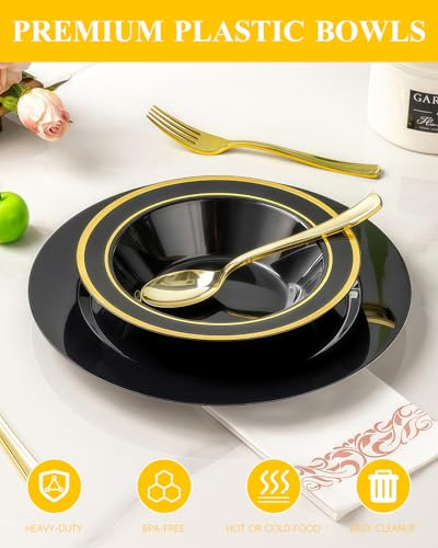 BESTSTAR 100 Pack Black Disposable Bowls with Gold Rim - color: Black, size: 100 pack
