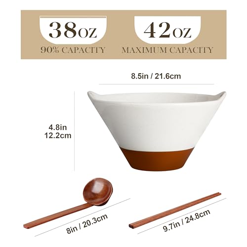 MALACASA 42 oz Ceramic Ramen Bowls with Chopsticks & Spoon, White & Khaki - color: Khaki White