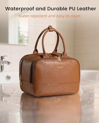 LOVEVOOK Travel Toiletry Bag for women, Leather Large Wide-open Makeup Bag, Waterproof Cosmetic Bag Organizer for Shower, Traveling, Toiletries, Bathroom - color: Embossed Brown