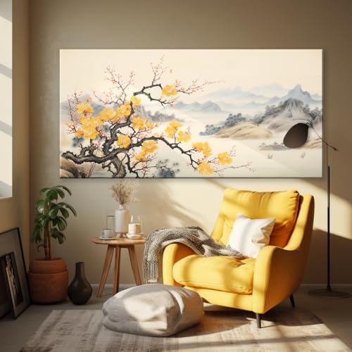 NAN Wind Asian Wall Art Traditional Chinese Painting Oriental Yellow Plum Blossom Canvas Pictures for Wall Decor Home decor for Living Room Cherry Blossom Decor Landscape Artwork Framed Ready to Hang - color: Yellow Blossom-One Piece, size: 32"L x 16"W
