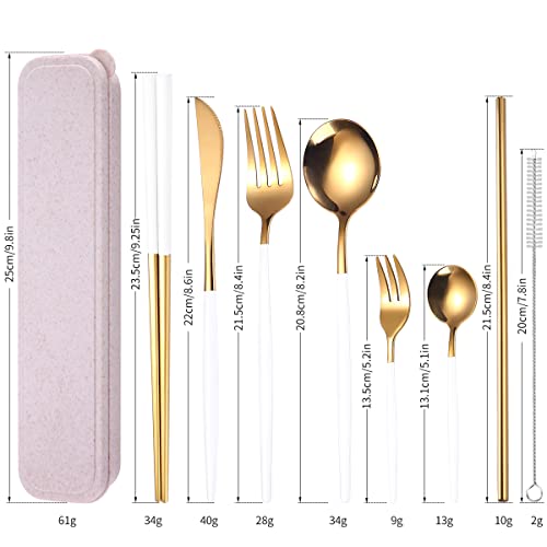 AARAINBOW 8 Pieces Stainless Steel Flatware Set Portable Reusable Cutlery Set Travel Utensils Set Including Chopsticks Knife Fork Spoon Straws Cleaning Brush Dishwasher Safe (White Golden) - color: White Golden