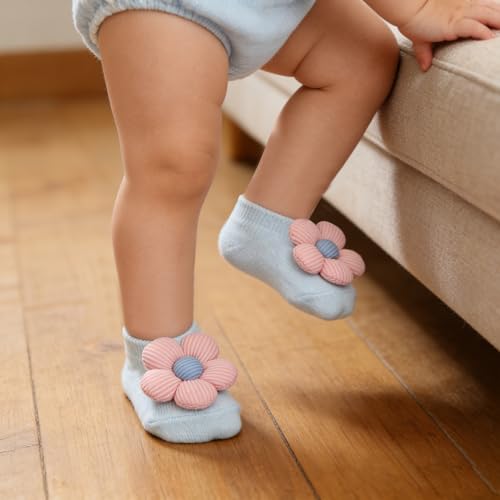 4Packs Baby Girls Socks,Flower Non-Slip Grips for Babies Toddler Princess - color: Grey Khaki Off-white Light Blue