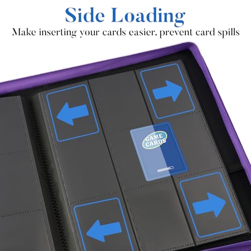 Premium Zip Card Binder, Fabmaker 9 Pocket Trading Card Binder PU Cover - color: Purple, size: 9 Pocket - 13.9" x 10.5"