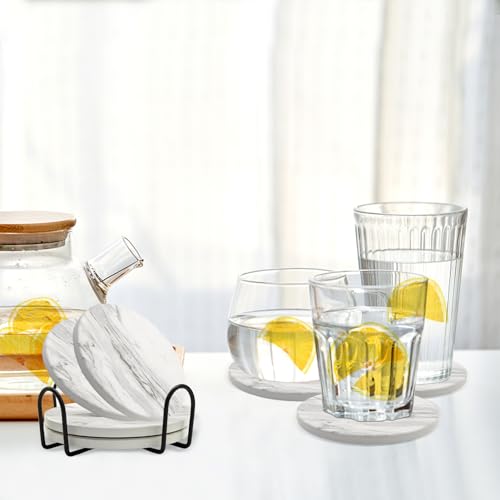 Coaster Set of 4, Ceramic Drink Coasters with Holder, 4 Inch Round (R&D) - style: 4 coasters Style D