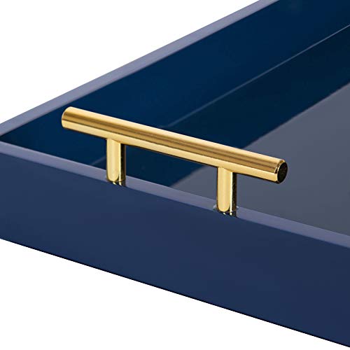 Kate and Laurel Lipton Narrow Decorative Tray with Polished Metal Handles, 10" x 24", Navy Blue and Gold, Chic Accent Tray for Display and Storage - color: Blue