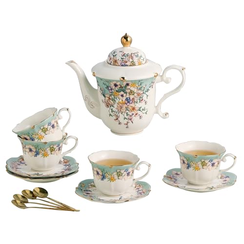 TATSUMI Country Roses Porcelain Tea Set, European Ceramic tea set for adults,Vintage Style, For Women and Tea Parties (Dutch Blue, 13 Pieces Set) - color: Dutch Blue, size: 13 Pieces Set