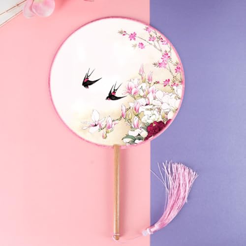 BAOZOON 2 Pcs Silky Translucent Ancient Round Fan Classic Silk Hand Held Fans Floral Pattern Palace Paddle Dance Fan with Tassel Wooden Handle Wedding Favor Gift Home Decor(Color#6) - color: Color#6
