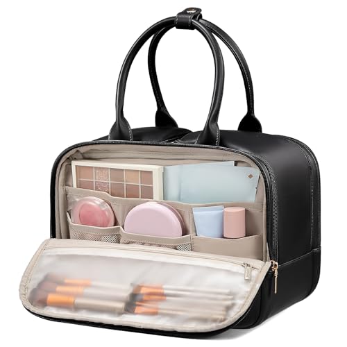 LOVEVOOK Travel Toiletry Bag for women, Leather Large Wide-open Makeup Bag, Waterproof Cosmetic Bag Organizer for Shower, Traveling, Toiletries, Bathroom - color: Black