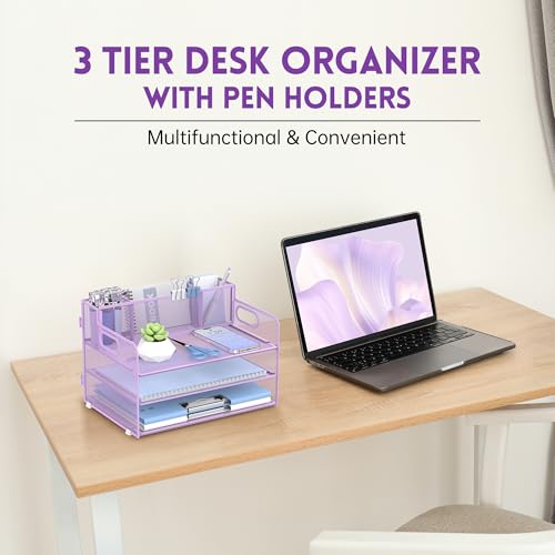 3-Tier Desk Organizer with Pen Holder and Handles, Paper Organizer, Purple - color: Purple