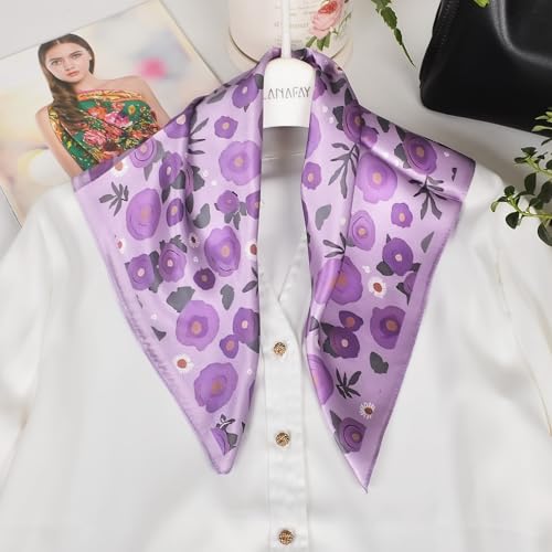 Women 100% Mulberry Silk Neck Scarf 21" Square Floral Neckerchief - color: Purple Floral