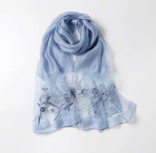 Jeelow Long Silk Blend Embroidered Floral Shawl Scarf Wrap for Women - color: Blue Floral