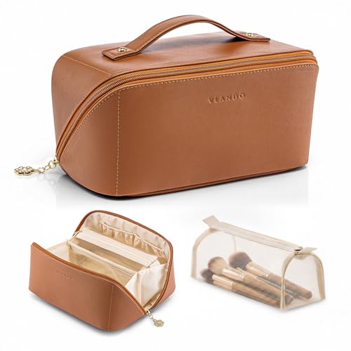 VLANDO Makeup Bag for Women with Open Flat Layout,Zipped TPU Pocket,Brown - color: 02.Brown