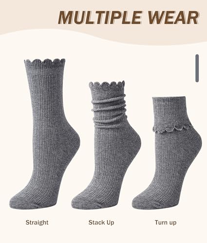 Justay 6 Pairs Ruffle Socks Women, Crew Cotton Frilly Boot Socks - color: Blue Black Brown Khaki Dark Grey Light Grey