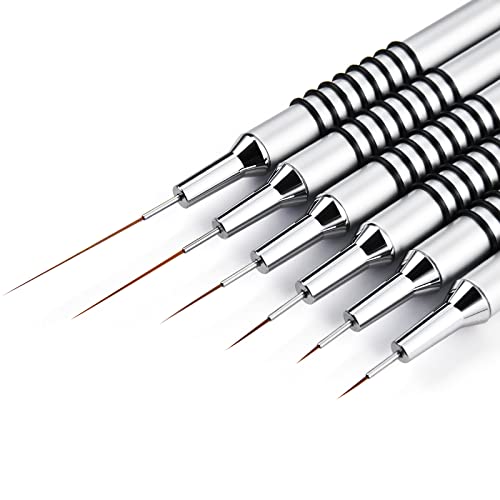 Nail Art Liner Brushes Set, 6Pcs Nail Art Design Brush Striping Thin Long Lines | Dotting Drawing Pen, UV Gel Polish Painting Metal Handle Striper Brushes Size 5/7/9/11/20/25mm - color: Silver