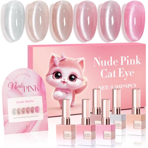 Double Rhythm Cat Eye Gel Nail Polish Set of 6 Same Color Same Bottle 0.5 Oz Shimmer Glitter with Magnet Holographic Reflective Magnetic UV Nail Polish Kit at Home (Silver Nude Pink-T6-42) - color: Light Pink